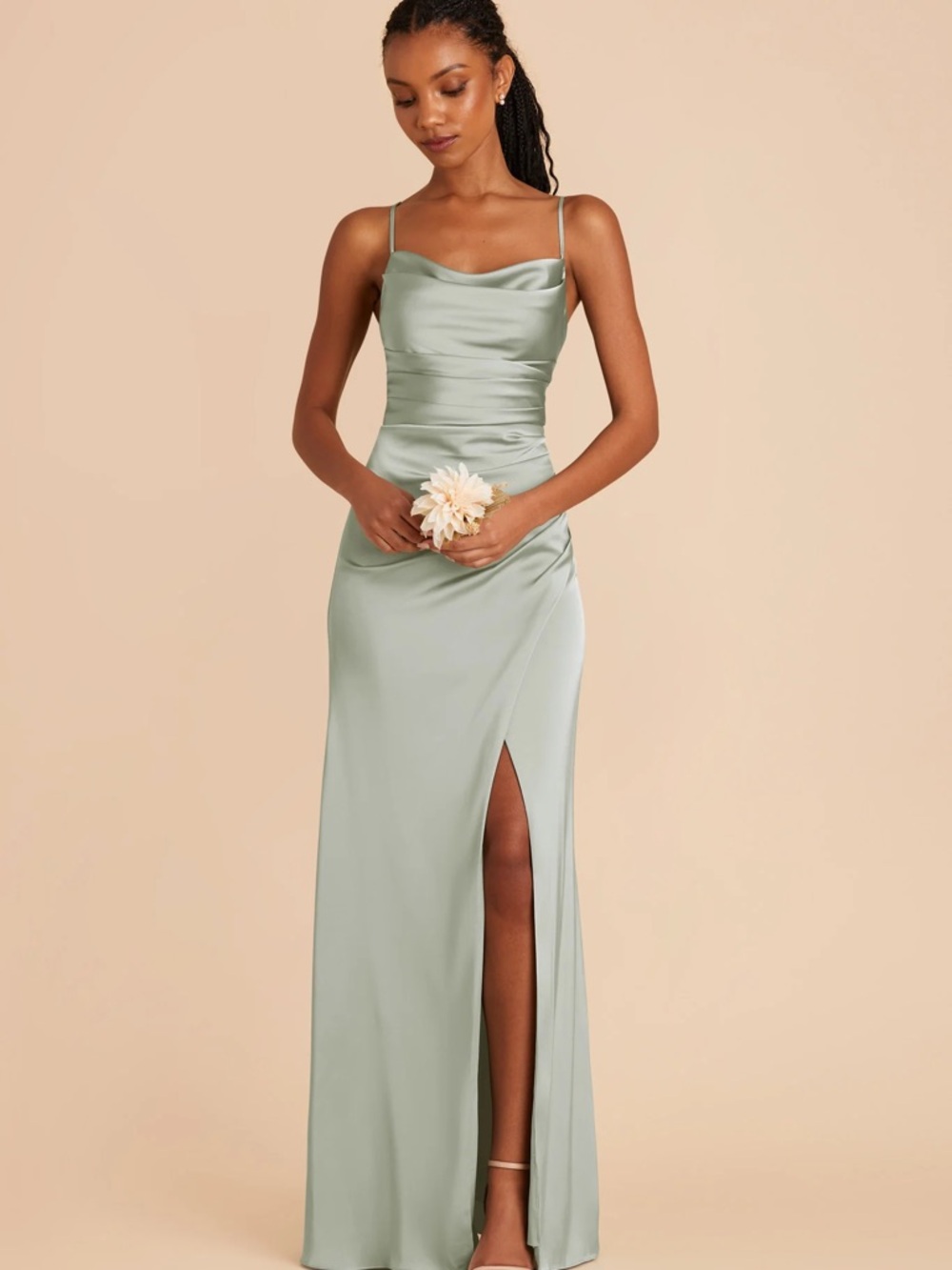 Birdy Grey Satin Maxi Dress XS Sage Green Draped Slip Formal